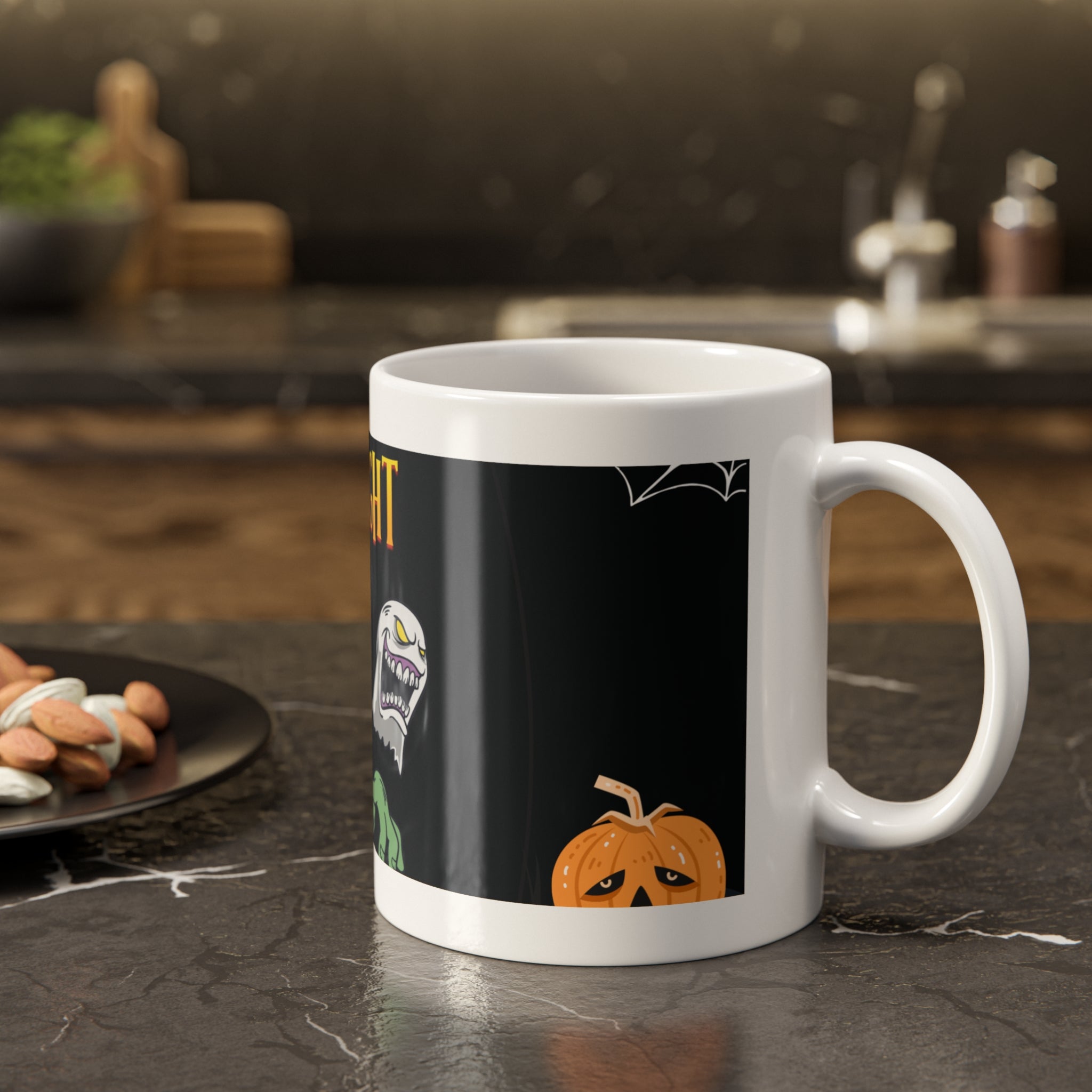 Spooky Night with Skeletons and Ghosts | Halloween Pumpkins and Bats | White Ceramic Mug